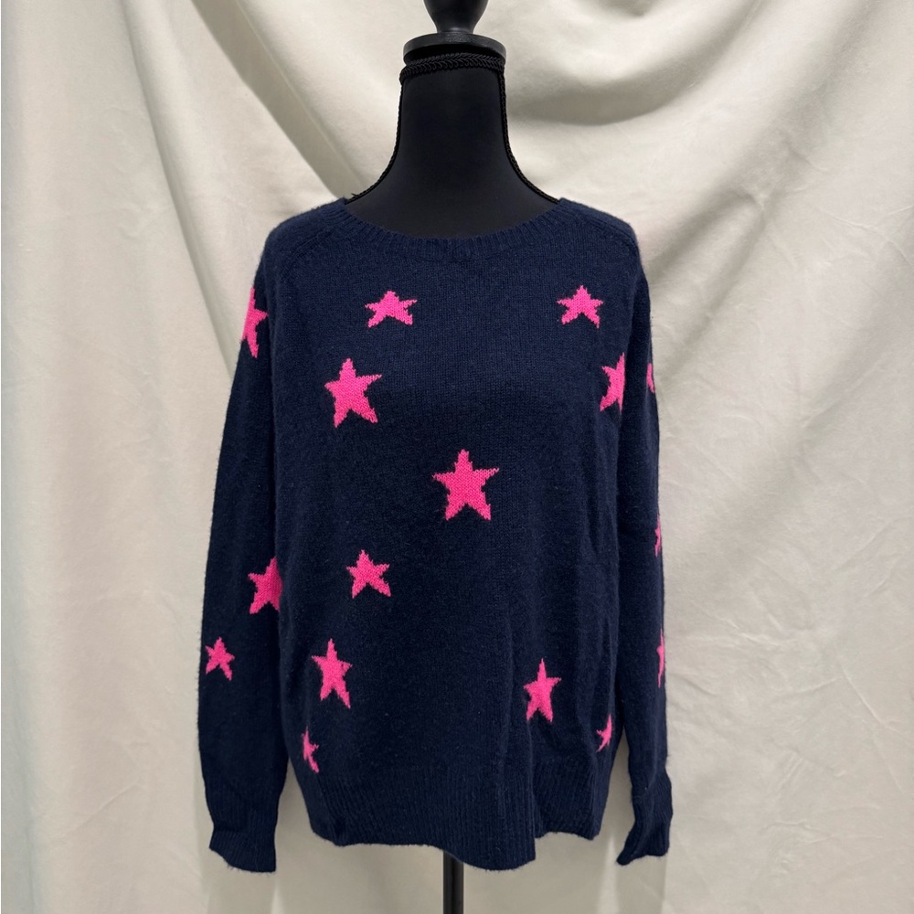 360 Cashmere Navy Sweater With Fuchsia Stars